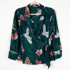 ZARA Crane Wrap Top Kimono Blouse Green 3/4 Sleeve extra small new